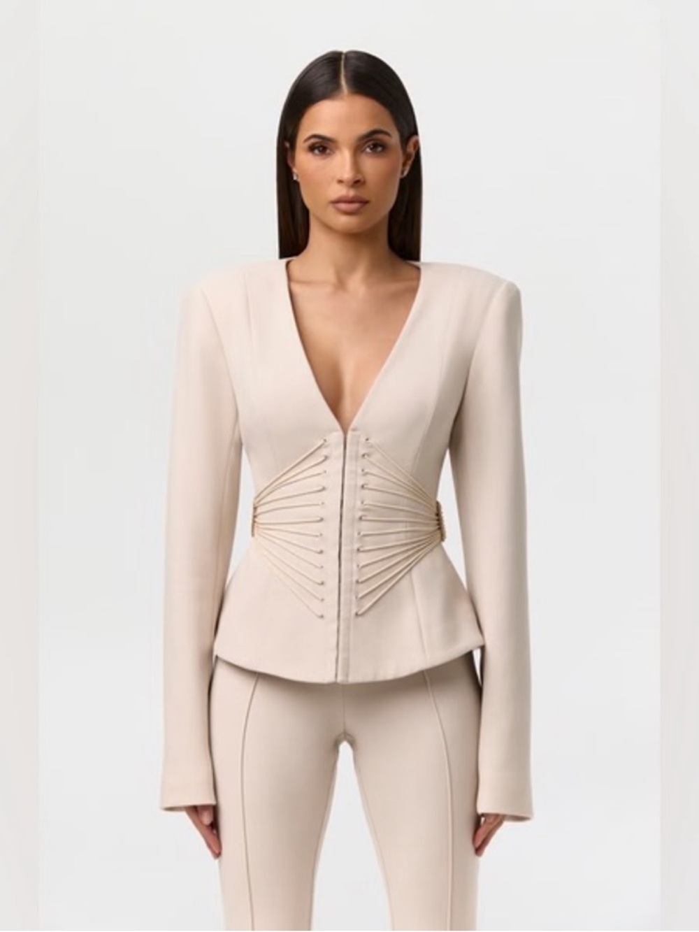 Naked Wardrobe Suiting V-Neck Corset Blazer Beige